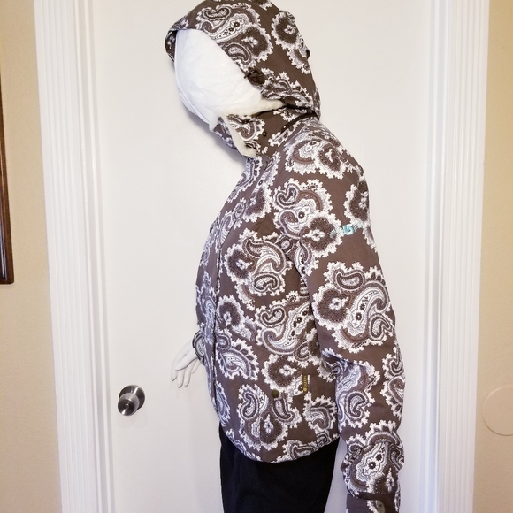 BURTON WOMEN SKI SNOW WINTER JACKET DETACHABLE HOOD BROWN AQUA PAISLEY SIZE S * - Picture 8 of 11